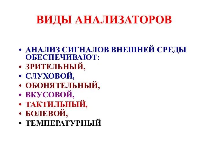 ВИДЫ АНАЛИЗАТОРОВ АНАЛИЗ СИГНАЛОВ ВНЕШНЕЙ СРЕДЫ ОБЕСПЕЧИВАЮТ: ЗРИТЕЛЬНЫЙ, СЛУХОВОЙ, ОБОНЯТЕЛЬНЫЙ, ВКУСОВОЙ, ТАКТИЛЬНЫЙ, БОЛЕВОЙ, ТЕМПЕРАТУРНЫЙ