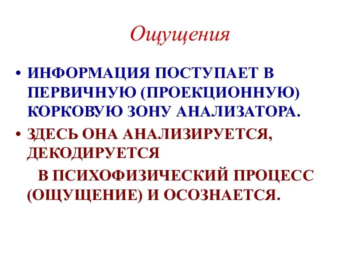 ИНФОРМАЦИЯ ПОСТУПАЕТ В ПЕРВИЧНУЮ (ПРОЕКЦИОННУЮ) КОРКОВУЮ ЗОНУ АНАЛИЗАТОРА. ЗДЕСЬ ОНА АНАЛИЗИРУЕТСЯ,