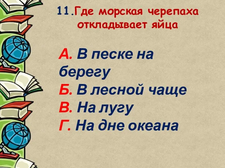 11.Где морская черепаха откладывает яйца А. В песке на берегу Б.