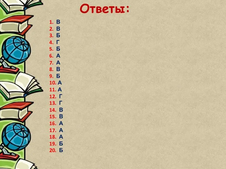 Ответы: 1. В 2. В 3. Б 4. Г 5. Б