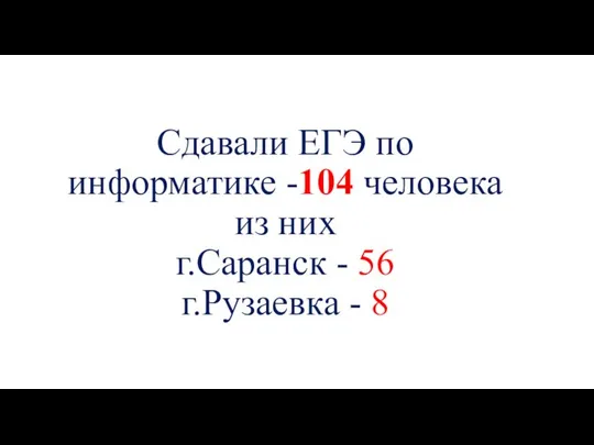 Сдавали ЕГЭ по информатике -104 человека из них г.Саранск - 56 г.Рузаевка - 8