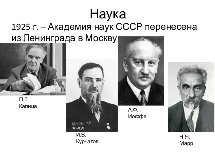 Наука 1925 г. – Академия наук СССР перенесена из Ленинграда в