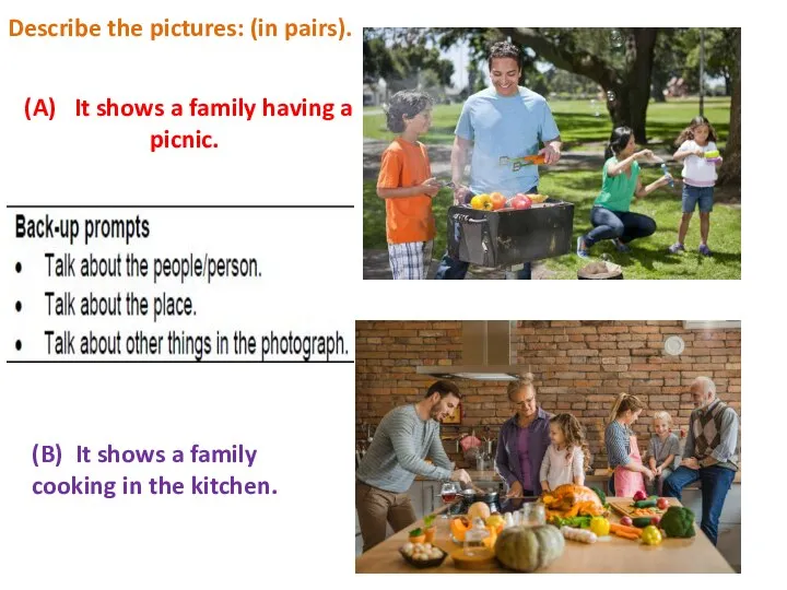 Describe the pictures: (in pairs). (A) It shows a family having