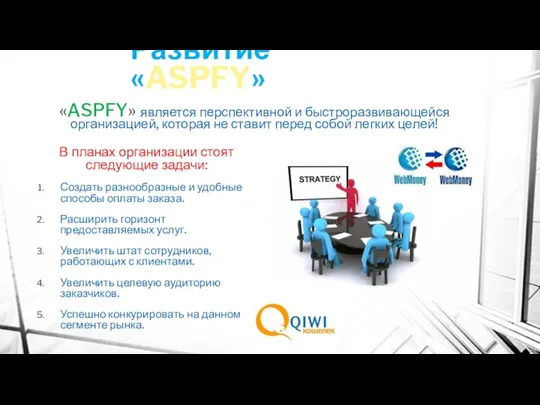 Развитие «ASPFY» В планах организации стоят следующие задачи: Создать разнообразные и