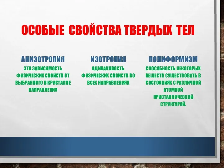 ОСОБЫЕ СВОЙСТВА ТВЕРДЫХ ТЕЛ АНИЗОТРОПИЯ ЭТО ЗАВИСИМОСТЬ ФИЗИЧЕСКИХ СВОЙСТВ ОТ ВЫБРАННОГО