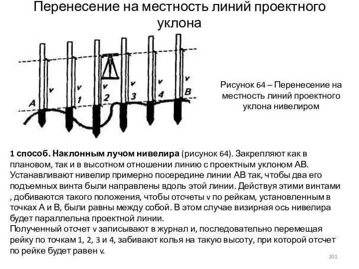 Перенесение на местность линий проектного уклона 1 способ. Наклонным лучом нивелира