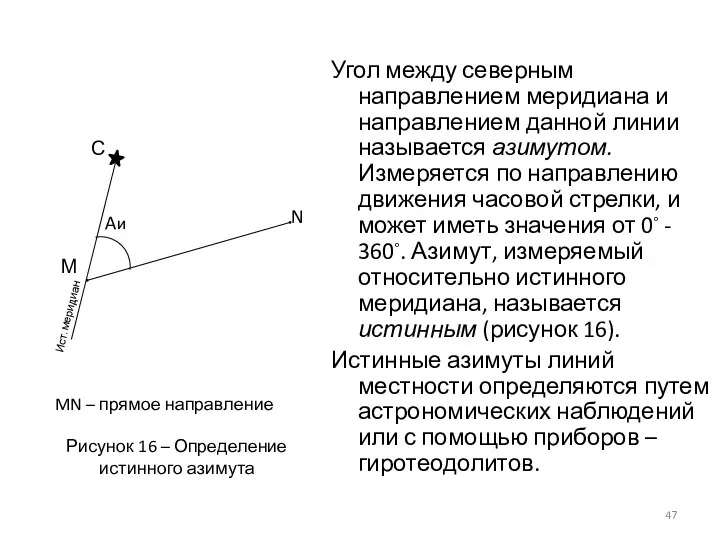 Угол между северным направлением меридиана и направлением данной линии называется азимутом.
