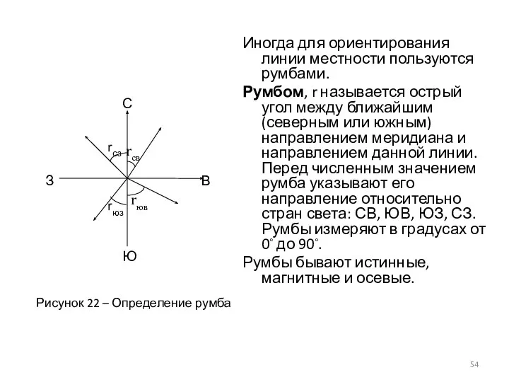 Иногда для ориентирования линии местности пользуются румбами. Румбом, r называется острый