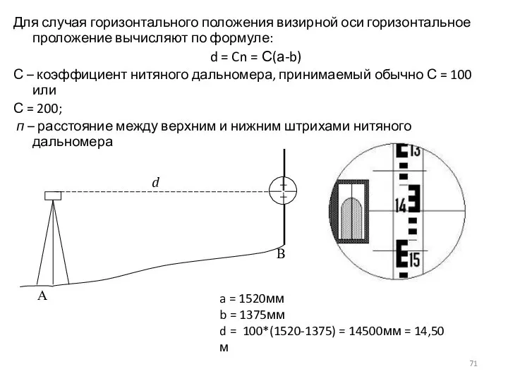 Для случая горизонтального положения визирной оси горизонтальное проложение вычисляют по формуле: