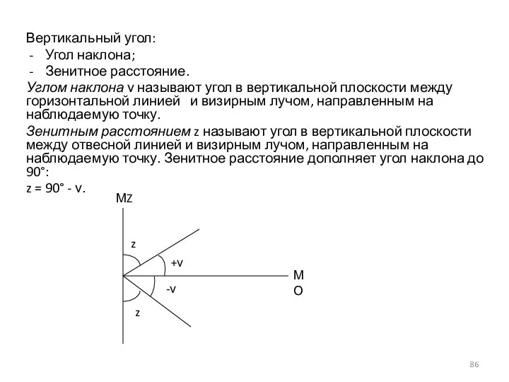 Вертикальный угол: Угол наклона; Зенитное расстояние. Углом наклона ν называют угол