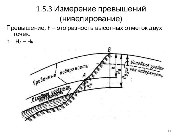 1.5.3 Измерение превышений (нивелирование) Превышение, h – это разность высотных отметок