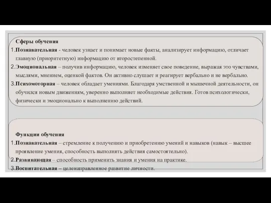 Сферы обучения Познавательная - человек узнает и понимает новые факты, анализирует