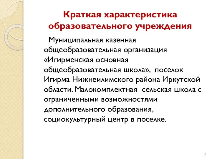 Краткая характеристика образовательного учреждения Муниципальная казенная общеобразовательная организация «Игирменская основная общеобразовательная