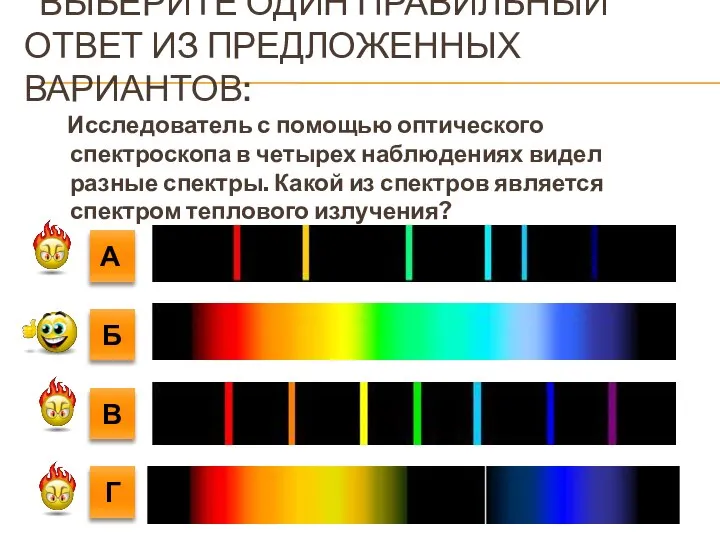 Исследователь с помощью оптического спектроскопа в четырех наблюдениях видел разные спектры.