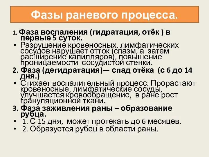 Фазы раневого процесса. 1. Фаза воспаления (гидратация, отёк ) в первые