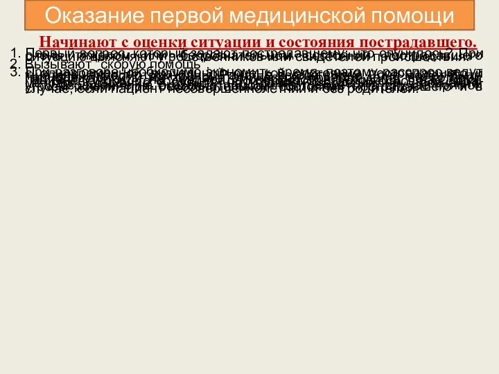 Оказание первой медицинской помощи Начинают с оценки ситуации и состояния пострадавшего.