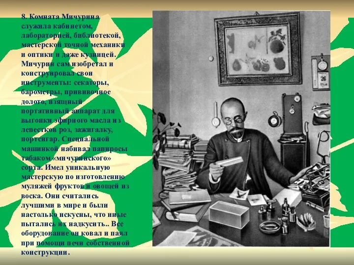 8. Комната Мичурина служила кабинетом, лабораторией, библиотекой, мастерской точной механики и