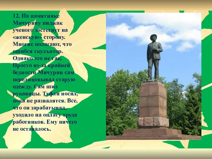 12. На памятнике Мичурину пиджак ученого застегнут на «женскую» сторону. Многие