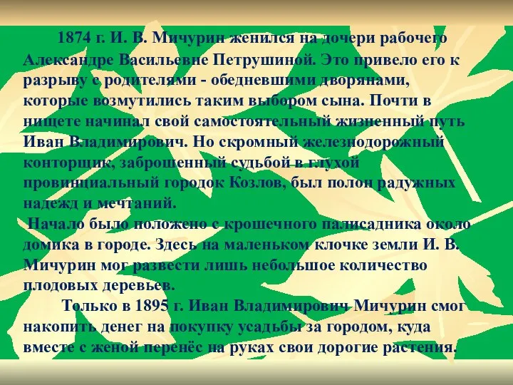 1874 г. И. В. Мичурин женился на дочери рабочего Александре Васильевне