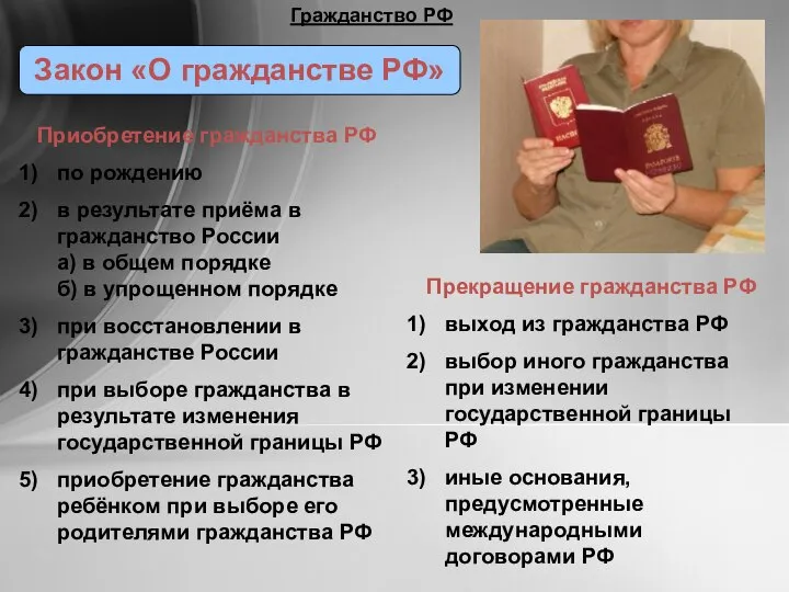 Гражданство РФ Закон «О гражданстве РФ» Приобретение гражданства РФ по рождению