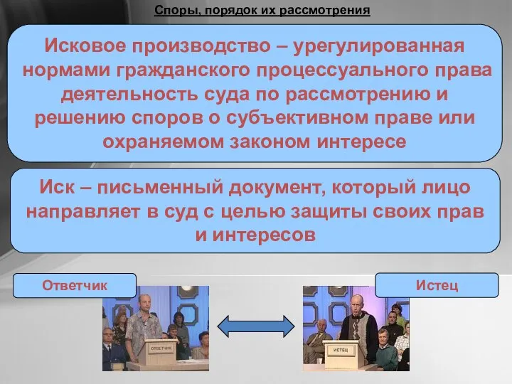 Споры, порядок их рассмотрения Исковое производство – урегулированная нормами гражданского процессуального