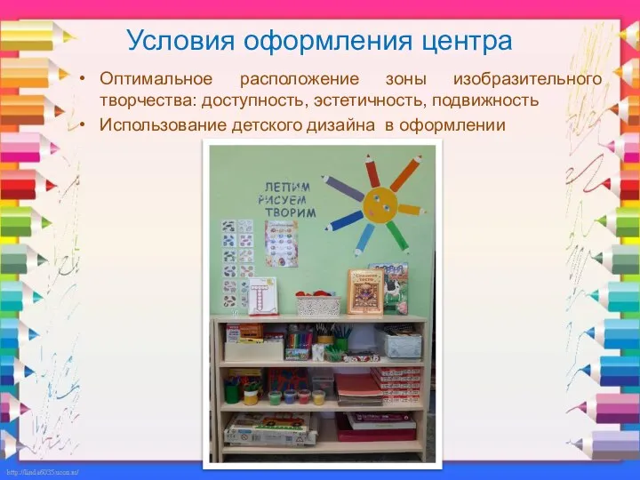 Условия оформления центра Оптимальное расположение зоны изобразительного творчества: доступность, эстетичность, подвижность Использование детского дизайна в оформлении