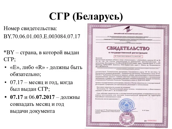 СГР (Беларусь) Номер свидетельства: BY.70.06.01.003.Е.003084.07.17 *BY – страна, в которой выдан