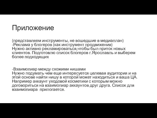 Приложение (представляем инструменты, не вошедшие в медиаплан) -Реклама у блогеров (как