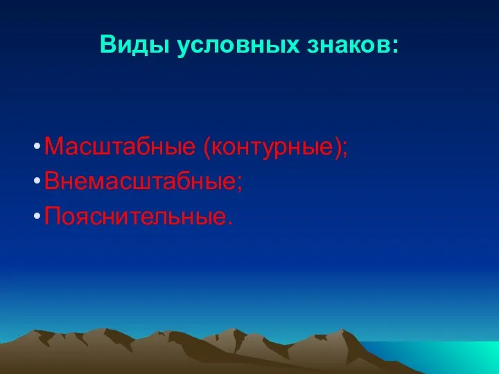 Виды условных знаков: Масштабные (контурные); Внемасштабные; Пояснительные.