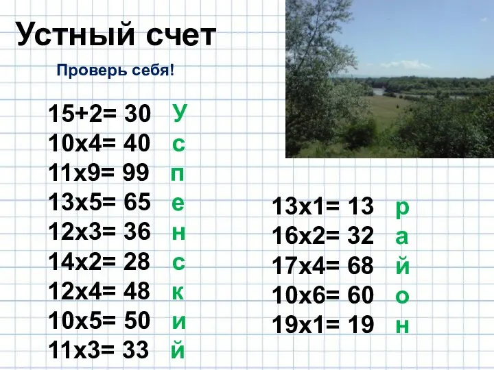 Устный счет 15+2= 30 У 10х4= 40 с 11х9= 99 п