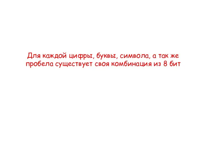 Для каждой цифры, буквы, символа, а так же пробела существует своя комбинация из 8 бит