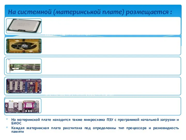 На системной (материнськой плате) розмещается : На материнской плате находится также