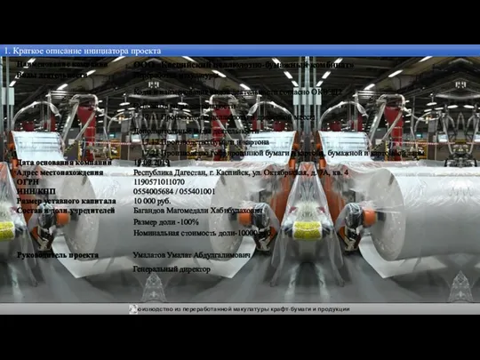 Производство из переработанной макулатуры крафт-бумаги и продукции 1. Краткое описание инициатора проекта