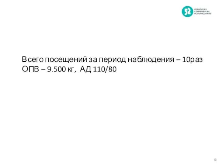 Всего посещений за период наблюдения – 10раз ОПВ – 9.500 кг, АД 110/80