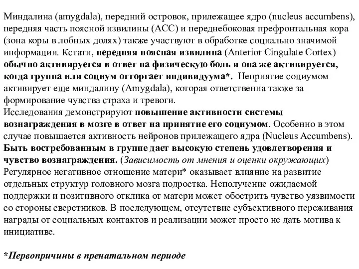 Миндалина (amygdala), передний островок, прилежащее ядро (nucleus accumbens), передняя часть поясной