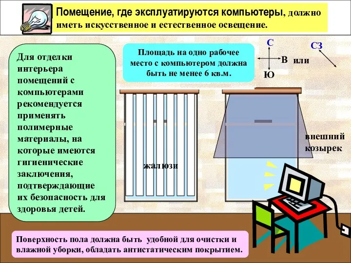 Для размещения компьютерных классов следует выбирать такие помещения, которые ориентированы на