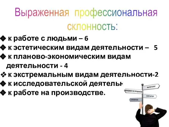 Выраженная профессиональная склонность: к работе с людьми – 6 к эстетическим