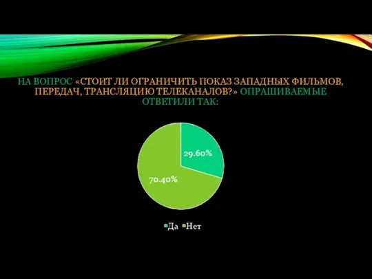 НА ВОПРОС «СТОИТ ЛИ ОГРАНИЧИТЬ ПОКАЗ ЗАПАДНЫХ ФИЛЬМОВ, ПЕРЕДАЧ, ТРАНСЛЯЦИЮ ТЕЛЕКАНАЛОВ?» ОПРАШИВАЕМЫЕ ОТВЕТИЛИ ТАК: