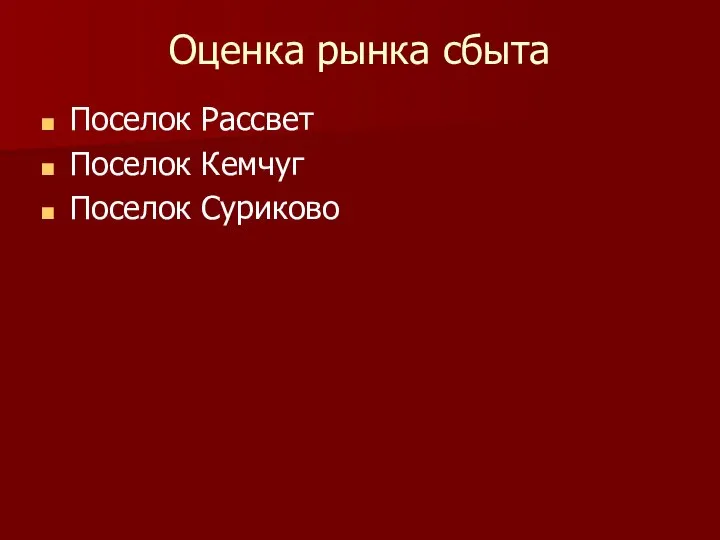 Оценка рынка сбыта Поселок Рассвет Поселок Кемчуг Поселок Суриково