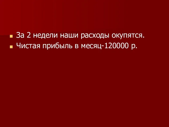 За 2 недели наши расходы окупятся. Чистая прибыль в месяц-120000 р.