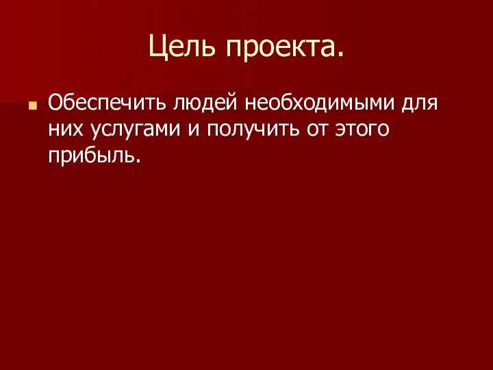 Цель проекта. Обеспечить людей необходимыми для них услугами и получить от этого прибыль.