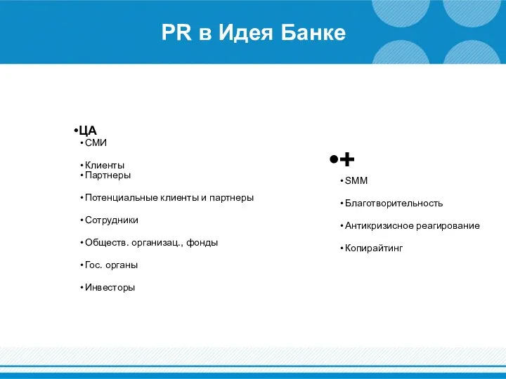 PR в Идея Банке ЦА СМИ Клиенты Партнеры Потенциальные клиенты и