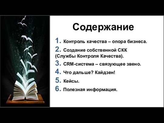 Содержание 1. Контроль качества – опора бизнеса. 2. Создание собственной СКК