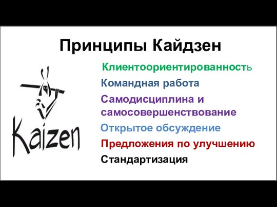 Принципы Кайдзен Клиентоориентированность Командная работа Самодисциплина и самосовершенствование Открытое обсуждение Предложения по улучшению Стандартизация