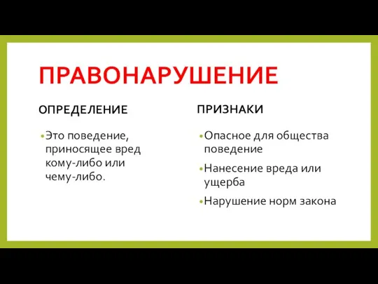 ПРАВОНАРУШЕНИЕ ОПРЕДЕЛЕНИЕ Это поведение, приносящее вред кому-либо или чему-либо. ПРИЗНАКИ Опасное