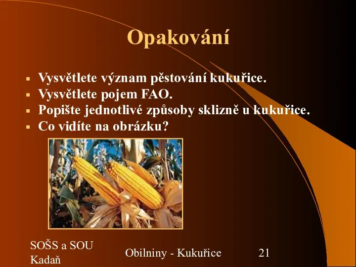 SOŠS a SOU Kadaň Obilniny - Kukuřice Opakování Vysvětlete význam pěstování