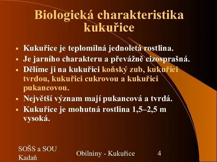 SOŠS a SOU Kadaň Obilniny - Kukuřice Biologická charakteristika kukuřice Kukuřice