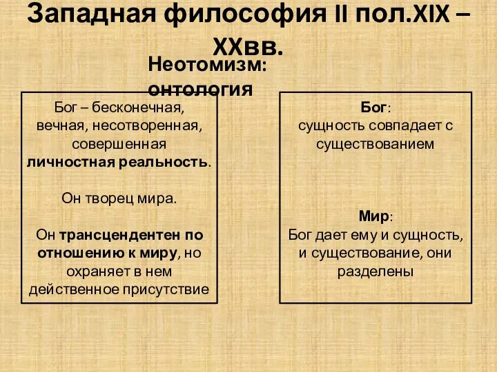 Западная философия II пол.XIX – XXвв. Неотомизм: онтология Бог – бесконечная,