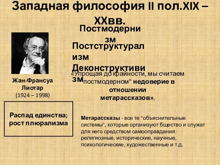 Западная философия II пол.XIX – XXвв. Постмодернизм Постструктурализм Деконструктивизм Жан-Франсуа Лиотар