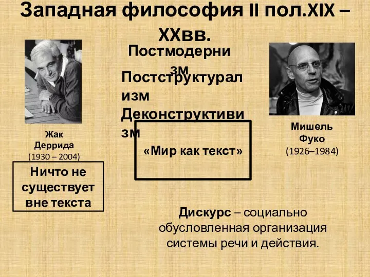 Западная философия II пол.XIX – XXвв. Постмодернизм Постструктурализм Деконструктивизм «Мир как